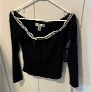 Madden Girl Black Long Sleeve Top with White Lace Trim